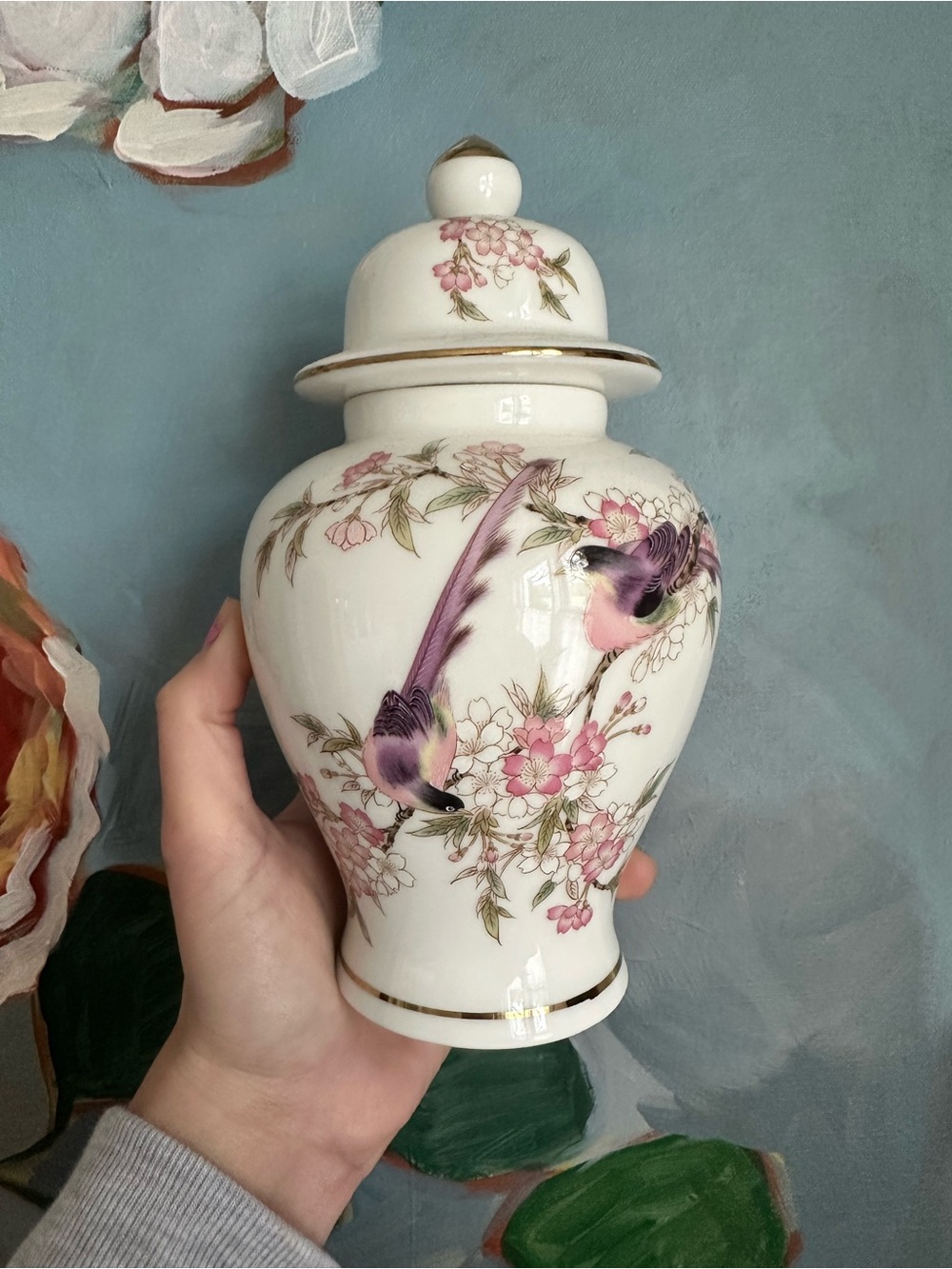 Porcelain Floral Bird Ginger Jar - Pink & Gold Accent